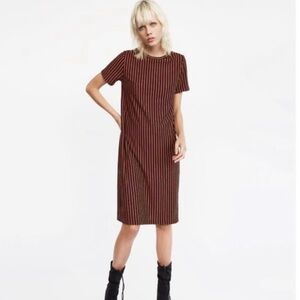 Zara red yellow black vertical striped midi short sleeve crew neck dress small